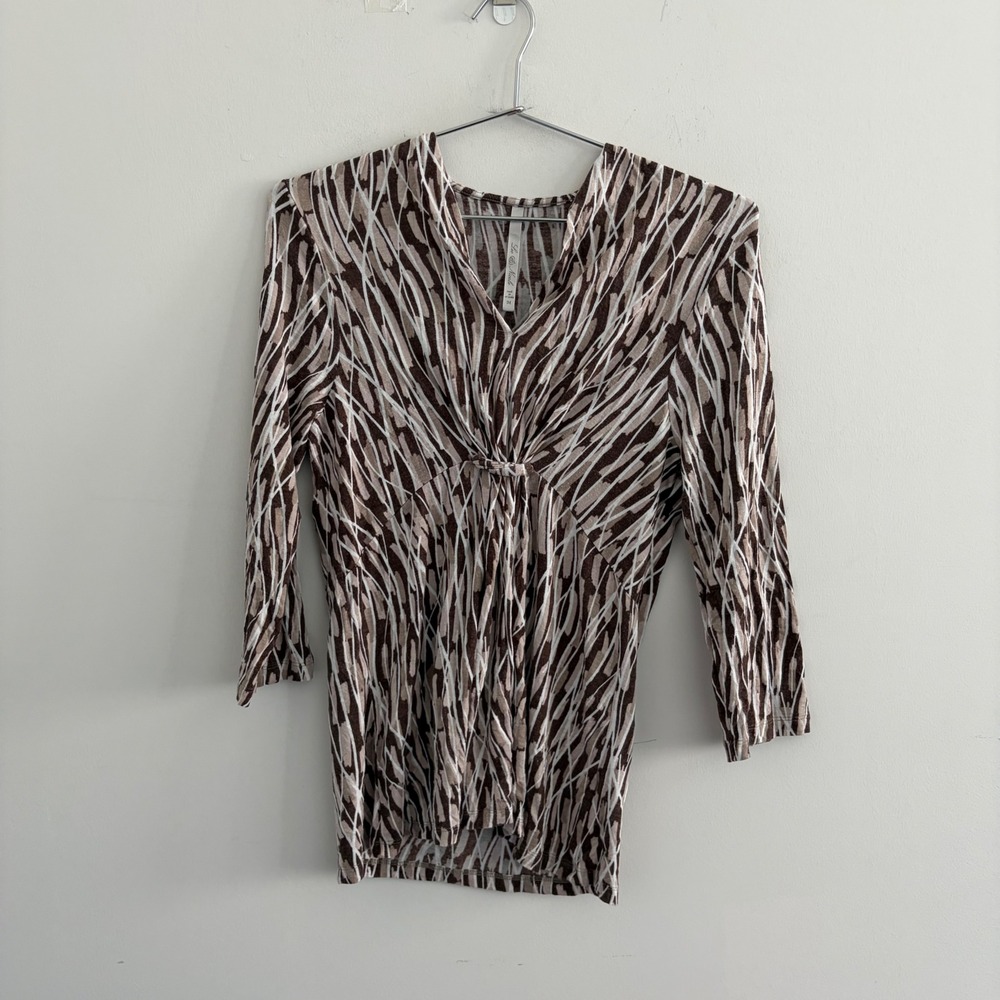 Leo & Nicole Womens Brown Abstract Print V-Neck 3/4 Sleeve Top Size Medium